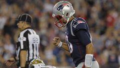 Aug 10, 2017; Foxborough, MA, USA; New England Patriots quarterback Jimmy Garoppolo (10) reacts after his touchdown play against the Jacksonville Jaguars in the second quarter at Gillette Stadium. Mandatory Credit: David Butler II-USA TODAY Sports
