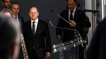 Olaf Scholz, Germany's chancellor, arrives during a news conference in Rotterdam, Netherlands, on Monday, March 27, 2023. Top officials from Germany's three-party ruling coalition halted marathon talks in Berlin after negotiating through the night without reaching a final agreement on issues including modernizing highways and climate-protection measures. Photographer: Valeria Mongelli/Bloomberg via Getty Images