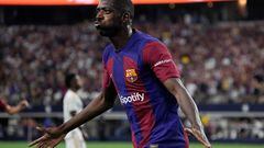 ARLINGTON, TEXAS - JULY 29: Ousmane Demb�l� #7 of FC Barcelona celebrates after scoring a goal during the first half of a pre-season friendly match against Real Madrid at AT&T Stadium on July 29, 2023 in Arlington, Texas.   Sam Hodde/Getty Images/AFP (Photo by Sam Hodde / GETTY IMAGES NORTH AMERICA / Getty Images via AFP)