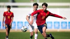 BENIDORM, SPAIN - FEBRUARY 17: Javier Fernandez of Spain competes for the ball with Demir Xhemalija of Switzerland during the International Friendly match between Spain U16 and Switzerland U16 at Estadio Guillermo Amor at Estadio Guillermo Amor on February 17, 2022 in Benidorm, Spain. (Photo by Manuel Queimadelos/Quality Sport Images/Getty Images)