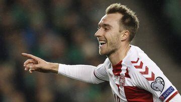 Denmark&#039;s Christian Eriksen celebrates after scoring his side&#039;s fourth goal during the World Cup qualifying play off second leg soccer match between Ireland and Denmark at the Aviva Stadium in Dublin, Ireland, Tuesday, Nov. 14, 2017. (AP Photo/P