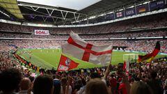 LONDON, ENGLAND - JULY 31: A general view of the inside of the stadium as fans celebrate after Chloe Kelly of England scores their side's second goal during the UEFA Women's Euro 2022 final match between England and Germany at Wembley Stadium on July 31, 2022 in London, England. (Photo by Charlotte Tattersall - UEFA/UEFA via Getty Images)