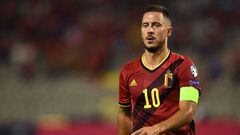 Belgium&#039;s forward Eden Hazard reacts during the FIFA World Cup Qatar 2022 qualifying round Group E football match between Belgium and Czech Republic at the King Baudouin Stadium in Brussels, on September 5, 2021.