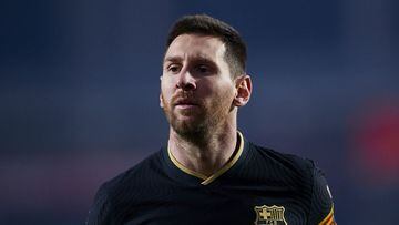 GRANADA, SPAIN - FEBRUARY 03: Lionel Messi of FC Barcelona looks on during the Copa del Rey Match between Granada and FC Barcelona at Estadio Nuevo Los Carmenes on February 03, 2021 in Granada, Spain. Sporting stadiums around Spain remain under strict res