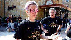 Soccer Football - Women&#039;s World Cup - United States leave Lyon after winning the World Cup - Fourviere Hotel, Lyon, France - July 8, 2019  Megan Rapinoe of the U.S. talks to reporters before leaving the hotel to return to the United States after winning the World Cup yesterday  REUTERS/Emmanuel Foudrot