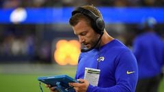 INGLEWOOD, CALIFORNIA - SEPTEMBER 08: Head coach Sean McVay of the Los Angeles Rams looks at a Microsoft Surface tablet during the second quarter of the NFL game against the Buffalo Bills at SoFi Stadium on September 08, 2022 in Inglewood, California.   Kevork Djansezian/Getty Images/AFP