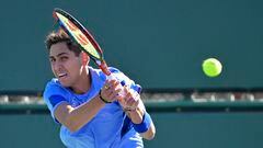 Mar 7, 2023; Indian Wells, CA, USA;   Alejandro Tabilo (CHI) hits a shot during his 2nd round qualifying match against Zachary Svajda (not pictured) during the BNP Paribas Open at the Indian Well Tennis Garden. Mandatory Credit: Jayne Kamin-Oncea-USA TODAY Sports