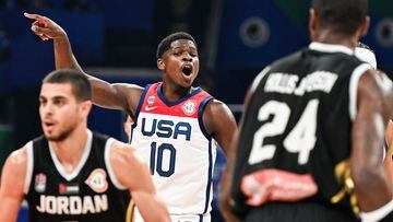 USA's Anthony Edwards reacts during the FIBA Basketball World Cup group C match between USA and Jordan at Mall of Asia Arena in Pasay City, metro Manila on August 30, 2023. (Photo by SHERWIN VARDELEON / AFP)