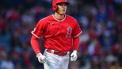 Mar 28, 2023; Anaheim, California, USA; Los Angeles Angels designated hitter Shohei Ohtani (17) reaches first on a walk against the Los Angeles Dodgers during the third inning at Angel Stadium. Mandatory Credit: Gary A. Vasquez-USA TODAY Sports