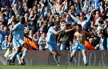 Manchester City's Sergio Agüero celebrates his title-winning goal against Queens Park Rangers in May 2012. 