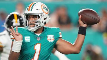 MIAMI GARDENS, FLORIDA - OCTOBER 23: Tua Tagovailoa #1 of the Miami Dolphins throws the ball during the second quarter against the Pittsburgh Steelers at Hard Rock Stadium on October 23, 2022 in Miami Gardens, Florida.   Eric Espada/Getty Images/AFP