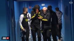 Lyon coach Fabio Grosso was walking through the stadium with a bloody face after the team bus was attacked ahead of the Marseille game, since postponed.