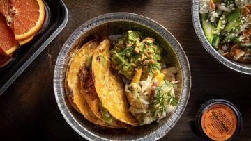 NEW YORK, NY - APRIL 25: Quesadillas de Barbacoa and other dishes are plated in takeout containers at Claro on April 25, 2020 in the Brooklyn borough of New York City. Claro, a one star restaurant in the Michelin Guide, is serving food as a take-out and d