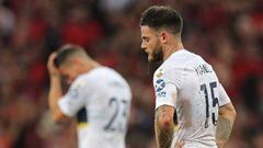 Nahitan Nandez of Argentina&#039;s Boca Juniors reacts in dejection during a Libertadores Cup football match against Brazilian Athletico Paranaense at the Arena da Baixada stadium in Curitiba, Brazil on April 02, 2019. (Photo by Heuler Andrey / AFP)