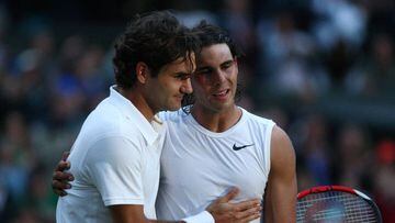 (FILES) In this file photo taken on July 6, 2008 Spain&#039;s Rafael Nadal (R) is congratulated by Switzerland&#039;s Roger Federer after winning their final tennis match of the 2008 Wimbledon championships at The All England Tennis Club in southwest Lond