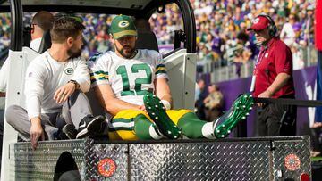 Oct 15, 2017; Minneapolis, MN, USA; Green Bay Packers quarterback Aaron Rodgers (12) is taken off the field on a cart in the first quarter against the Minnesota Vikings at U.S. Bank Stadium. Mandatory Credit: Brad Rempel-USA TODAY Sports