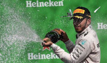 Hamilton celebrates his win in Mexico City, the 30th win from pole of his career