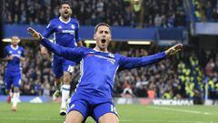 FA001. London (United Kingdom), 23/10/2016.- Chelsea&#039;s Eden Hazard celebrates after scoring the 3-0 goal during the English Premier League match between Chelsea FC and Manchester United at Stamford Bridge in London, Britain, 23 October 2016. (Londres) EFE/EPA/FACUNDO ARRIZABALAGA EDITORIAL USE ONLY. No use with unauthorized audio, video, data, fixture lists, club/league logos or &#039;live&#039; services. Online in-match use limited to 75 images, no video emulation. No use in betting, games or single club/league/player publications