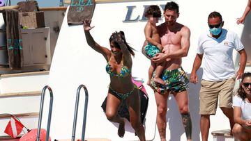 Soccerplayer Leo Messi with Antonella Roccuzzo and sons with Luis Suarez and Sofia Balbi with sons on holidays in Ibiza