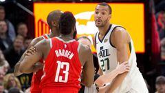 Feb 26, 2018; Salt Lake City, UT, USA; Houston Rockets guard James Harden (13) and Utah Jazz center Rudy Gobert (27) have words after a foul during the second half at Vivint Smart Home Arena. Mandatory Credit: Russ Isabella-USA TODAY Sports