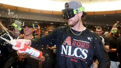 The Arizona Diamondbacks celebrate in the locker room after beating the Los Angeles Dodgers