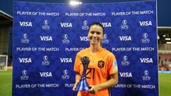 LEIGH, ENGLAND - JULY 13: Damaris Egurrola of The Netherlands is presented with the VISA Player Of The Match Award after their sides victory during the UEFA Women's Euro 2022 group C match between Netherlands and Portugal at Leigh Sports Village on July 13, 2022 in Leigh, England. (Photo by Jan Kruger - UEFA/UEFA via Getty Images)