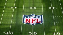 Feb 1, 2022; Inglewood, CA, USA; The NFL shield logo is seen at midfield at SoFi Stadium. Super Bowl LVI between the Los Angeles Rams and the Cincinnati Bengals will be played on Feb. 13, 2022. Mandatory Credit: Kirby Lee-USA TODAY Sports