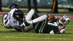 Oct 23, 2016; East Rutherford, NJ, USA;  New York Jets quarterback Geno Smith (7) reacts after being sacked by Baltimore Ravens linebacker Matt Judon (91) during first half at MetLife Stadium. Mandatory Credit: Noah K. Murray-USA TODAY Sports