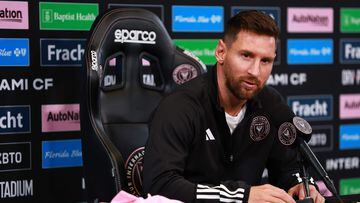 FORT LAUDERDALE, FLORIDA - AUGUST 17: Lionel Messi #10 of Inter Miami CF speaks during a press conference at DRV PNK Stadium on August 17, 2023 in Fort Lauderdale, Florida.   Megan Briggs/Getty Images/AFP (Photo by Megan Briggs / GETTY IMAGES NORTH AMERICA / Getty Images via AFP)