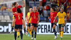 HUELVA, SPAIN - JUNE 25: Mariona Caldentey celebrates with Ivana Andres of Spain after scoring their team's first goal during the Women's International Friendly match between Spain and Australia at Estadio Nuevo Colombino on June 25, 2022 in Huelva, Spain. (Photo by Fran Santiago/Getty Images)