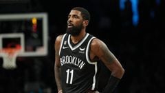 BROOKLYN, NY - OCTOBER 27: Kyrie Irving #11 of the Brooklyn Nets looks on during the game against the Dallas Mavericks on October 27, 2022 at Barclays Center in Brooklyn, New York. NOTE TO USER: User expressly acknowledges and agrees that, by downloading and or using this Photograph, user is consenting to the terms and conditions of the Getty Images License Agreement. Mandatory Copyright Notice: Copyright 2022 NBAE (Photo by Jesse D. Garrabrant/NBAE via Getty Images)