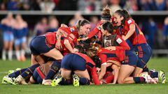 Spain's players celebrate after winning the Australia and New Zealand 2023 Women's World Cup final football match between Spain and England at Stadium Australia in Sydney on August 20, 2023. (Photo by Izhar KHAN / AFP)
