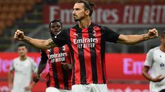 AC Milan&#039;s Swedish forward Zlatan Ibrahimovic celebrates after scoring his team&#039;s second goal on a penalty kick during the Italian Serie A football match AC Milan vs Bologne at the San Siro stadium in Milan on September 21, 2020. (Photo by MIGUEL MEDINA / AFP)