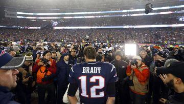 Jan 22, 2017; Foxborough, MA, USA; New England Patriots quarterback Tom Brady (12) is interviewed after the 2017 AFC Championship Game against the Pittsburgh Steelers at Gillette Stadium. Mandatory Credit: Winslow Townson-USA TODAY Sports