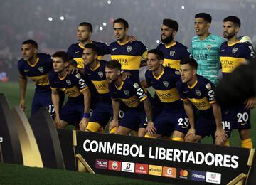 Players of Boca Juniors pose for pictures before the start of the all-Argentine Copa Libertadores semi-final first leg football match against River Plate at the Monumental stadium in Buenos Aires, on October 1, 2019. 