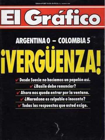 Portada de 1993. Argentina perdió 0-5 ante Colombia en el partido por las eliminatorias sudamericanas para Estados unidos '94 

