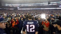 Jan 22, 2017; Foxborough, MA, USA; New England Patriots quarterback Tom Brady (12) is interviewed after the 2017 AFC Championship Game against the Pittsburgh Steelers at Gillette Stadium. Mandatory Credit: Winslow Townson-USA TODAY Sports