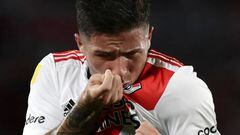 River Plate's Enzo Fernandez celebrates after scoring a goal against Argentinos Juniors during their Argentine Professional Football League match at Monumental stadium in Buenos Aires, on April 10, 2022. (Photo by ALEJANDRO PAGNI / AFP) (Photo by ALEJANDRO PAGNI/AFP via Getty Images)