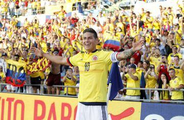 James Rodríguez delighted with his goal for Colombia in a friendly against Cameroon.