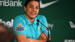Brisbane (Australia), 29/07/2023.- Australian soccer player Sam Kerr speaks to the media in Brisbane, 29 July 2023. The CommBank Matildas will face Canada in their third and final Group Stage match of the FIFA Women's World Cup 2023 Australia & New Zealand at Melbourne Rectangular Stadium on July 31. (Mundial de Fútbol, Nueva Zelanda) EFE/EPA/JONO SEARLE AUSTRALIA AND NEW ZEALAND OUT
