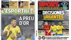 Portadas de los diarios L&#039;Esportiu y Sport del d&iacute;a 15 de agosto de 2017.