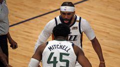 May 29, 2021; Memphis, Tennessee, USA; Utah Jazz guard Mike Conley (10) reacts with guard Donovan Mitchell (45) during game three in the first round of the 2021 NBA Playoffs at FedExForum. Mandatory Credit: Petre Thomas-USA TODAY Sports