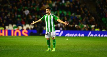 Betis' forward Ruben Castro gestures on the pitch during the Spanish league football match Real Betis vs Real Sociedad at the Benito Villamarin stadium in Sevilla on march 3, 2017.