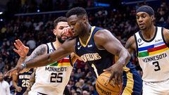 Dec 28, 2022; New Orleans, Louisiana, USA; New Orleans Pelicans forward Zion Williamson (1) dribbles against Minnesota Timberwolves guard Austin Rivers (25) and forward Jaden McDaniels (3) during the first half at Smoothie King Center. Mandatory Credit: Stephen Lew-USA TODAY Sports