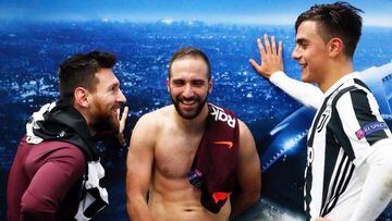 Leo Messi, Gonzalo Higua&iacute;n y Paulo Dybala conversan tras el Juventus-Barcelona de Champions.