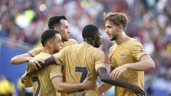 DALLAS, TEXAS - JULY 26: Ousmane Dembele #7 of FC Barcelona celebrates with teammates after scoring a goal during the first half of the match against Juventus in an 2022 International Friendly match at the Cotton Bowl on July 26, 2022 in Dallas, Texas.   Ron Jenkins/Getty Images/AFP
== FOR NEWSPAPERS, INTERNET, TELCOS & TELEVISION USE ONLY ==