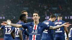 Paris Saint-Germain&#039;s Argentine midfielder Angel Di Maria celebrates after scoring a goal during the French L1 football match between Paris Saint-Germain (PSG) and Lyon (OL) at the Parc des Princes stadium in Paris, on February 9, 2020. (Photo by GEO