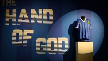 The shirt worn by Diego Maradona during the 1986 World Cup quarter-final match against England on display at Sotheby's.