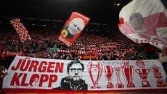 Soccer Football -  FA Cup - Fourth Round - Liverpool v Norwich City - Anfield, Liverpool, Britain - January 28, 2024 Liverpool fans with a banner in support of manager Juergen Klopp inside the stadium before the match REUTERS/Phil Noble