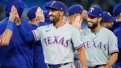 TORONTO, ON - SEPTEMBER 14: Marcus Semien (C) #2 of the Texas Rangers celebrates with teammates after defeating the Toronto Blue Jays at Rogers Centre on September 14, 2023 in Toronto, Canada.   Mark Blinch/Getty Images/AFP (Photo by MARK BLINCH / GETTY IMAGES NORTH AMERICA / Getty Images via AFP)